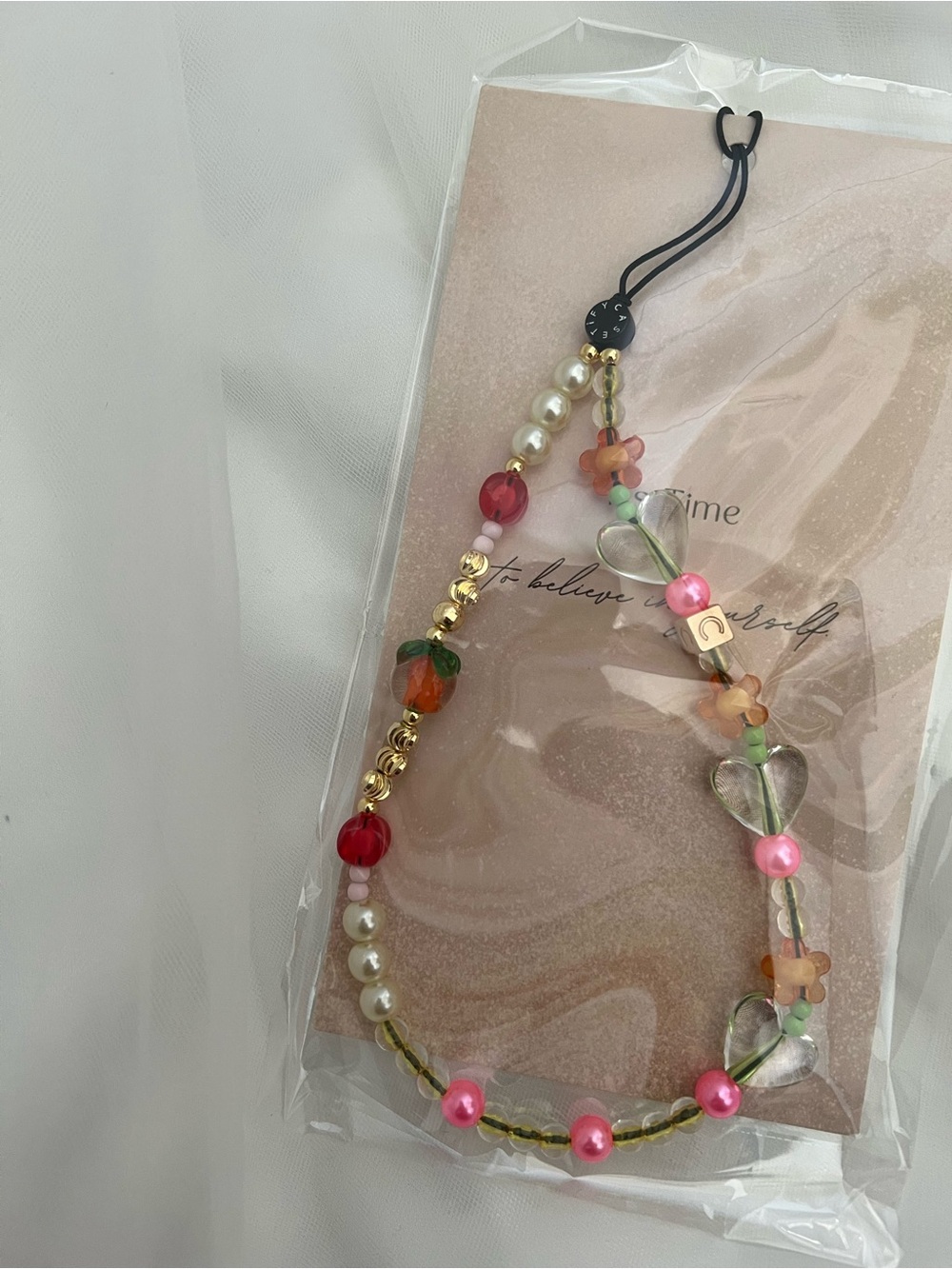 Pink & Multicolor Beaded Heart Charm Phone Strap